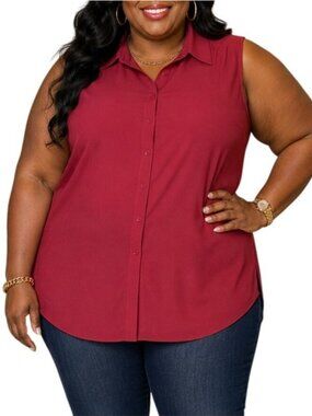 Rooscier Size XXL Top Button Down Sleeveless V-Neck Wine Red Ruched Stylish